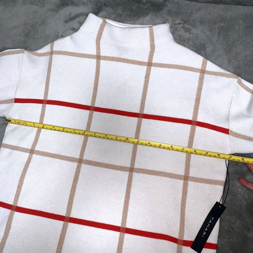 TAHARI Grid Pattern Sweater WHITE, BROWN AND RED LINES COLOR, Size M mockneck.